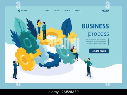 Travail d'équipe isométrique, brainstorming, collaboration d'équipe sur le processus d'affaires. Page d'accueil du modèle de site Web. Illustration de Vecteur