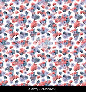 Motif aquarelle sans couture avec motif floral bleu-rouge. Imprimé dessiné à la main avec des fleurs et des feuilles délicates. Banque D'Images