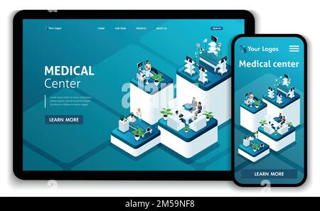 Modèle de site Web Isométrique page d'accueil concept Centre médical.médecin diagnostiquant un patient dans un hôpital. Facile à modifier et à personnaliser, réactif. Illustration de Vecteur
