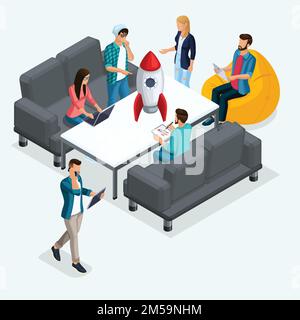 Personnes isométriques à la mode, 3D hommes d'affaires, développement de start-up, jeunes créatifs, indépendants, équipe de professionnels, création d'entreprise, cerveaux Illustration de Vecteur