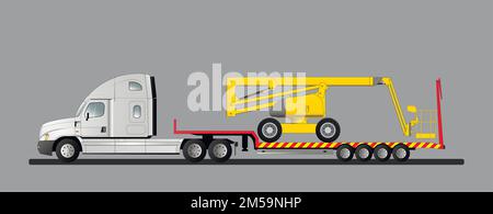 Transport d'une plate-forme aérienne automotrice moderne sur un camion américain avec semi-remorque à plateau surbaté. Vue latérale Illustration de Vecteur