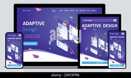 Modèle page d'accueil concept isométrique de conception de sites Web et développement de sites Web mobiles, conception adaptative, applications. Facile à modifier et à personnaliser, un Illustration de Vecteur