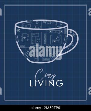 Dessin de construction en silhouette de tasse, salon, salle de bains, cuisine, chambre avec lettering salon confortable dessin sur fond bleu. Illustration de Vecteur