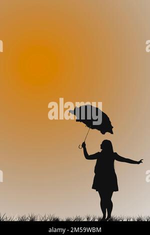 Fille debout avec parasol dans la main droite face à sa droite silhoueté sur fond orange debout dans l'herbe noire et blanche Banque D'Images