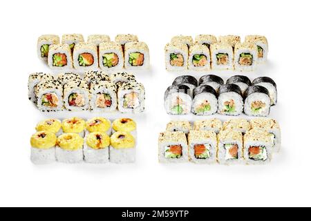 Sushi japonais avec saumon pour une grande entreprise sur fond blanc Banque D'Images