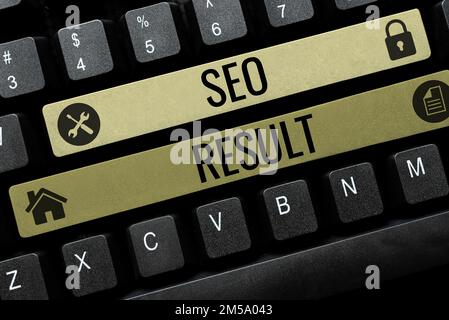 Légende de texte présentant le résultat Seo. Business présenter la liste créée par les moteurs de recherche en réponse à une requête Banque D'Images
