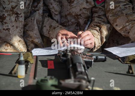 ÉTATS-UNIS Les recrues du corps maritime à Alpha Company, 1st Recruit Training Battalion, remplissent les formulaires administratifs lors de la question du fusil de service M16A4 au Marine corps Recruit Depot San Diego, 14 février 2022. Ce processus a transféré la responsabilité des fusils de l'arsenal à Alpha Company. Les fusils sont nettoyés et retransformés en armurerie après le creuset. La société Alpha est programmée pour obtenir un diplôme en 6 mai. Banque D'Images