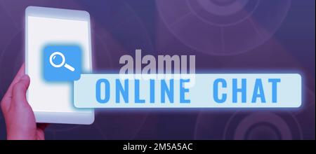 Texte d'écriture Chat en ligne. Vitrine d'affaires parlant avec un ami ou quelqu'un par Internet et téléphone PC Banque D'Images