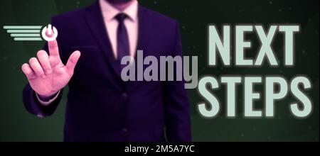 Affichage conceptuel étapes suivantes. Nombre d'idées commerciales du processus à réaliser après la planification actuelle Banque D'Images