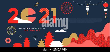 Nouvel an chinois de l'illustration du modèle web du ox 2021 dans un style géométrique moderne. Paysage urbain minimaliste rouge asiatique avec feu de nuit ciel, moun Illustration de Vecteur