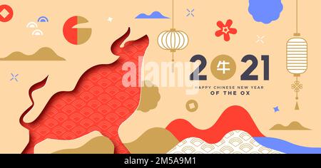 Illustration de la carte de vœux du nouvel an 2021 chinois heureux. Silhouette moderne d'animal taureau en 3d avec décoration minimaliste de culture asiatique dans des tons pastel Illustration de Vecteur