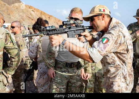 Les soldats de la Garde nationale de l'Armée de Virginie affectés à Une compagnie, 3-116th Bataillon d'infanterie, Force opérationnelle Red Dragon, Force opérationnelle interarmées combinée – Corne de l'Afrique, mènent une formation de réflexive-feu avec des nations partenaires à Arta Range, Djibouti, 15 février 2022. Les membres des services américains et italiens ont reçu une formation polyvalente sur les systèmes d'armes et ont mené des exercices de réflexion et de mouvement. Des membres de la Force d'autodéfense du Japon et de la Marine de la République de Corée étaient également présents pour observer l'entraînement. Le CJTF-HOA, qui opère à partir du Camp Lemonnier de Djibouti, s'entraîne régulièrement avec des alliés, des partenaires et des gouvernements et travaille avec eux Banque D'Images