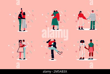 Collection de Saint-Valentin pour couple variée, personnes roses amoureux. Hommes et femmes personnages qui embrasent, tiennent les mains, prennent le selfie. Illustration de Vecteur