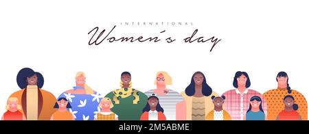 Bannière de la Journée internationale de la femme illustration de divers personnages féminins avec des filles pour des vacances spéciales de droits de femme ou féministe came Illustration de Vecteur