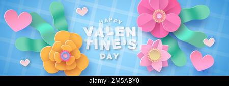 Illustration de la bannière Web de la Saint-Valentin en style de coupe de papier en 3d. Papier artisanat fleurs roses avec coeurs. Romantique février 14 design événement de vacances, h Illustration de Vecteur