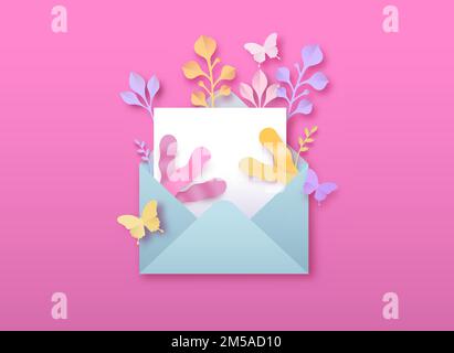 Modèle d'enveloppe à lettre ouverte avec décoration de nature en forme de papier 3d. Vider le message de carte postale sur papier blanc, le papillon et la feuille de plante. Illustration de Vecteur