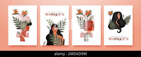 Ensemble de cartes de voeux pour la Journée internationale de la femme, magnifiques personnages féminins variés avec décoration moderne minimaliste et fleurs tropicales pour le mois de mars Illustration de Vecteur