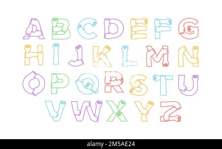 Jeu de caractères de lettres plein alphabet coloré de diverses mains humaines se tenant ensemble sur un arrière-plan isolé. Collection de bras plats abc f Illustration de Vecteur