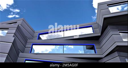 Forme inhabituelle de la façade de la propriété. Vue de dessous contre un ciel bleu. Panneaux métalliques comme garniture extérieure. 3d rendu. Banque D'Images