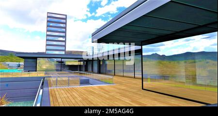 Vue de la terrasse d'une maison d'élite à la périphérie de la ville aux bâtiments plus élevés plus près du centre. 3d rendu. Banque D'Images