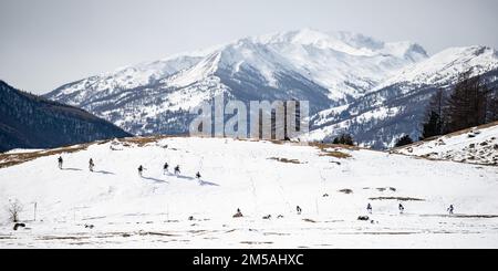 ÉTATS-UNIS Des parachutistes de l'armée affectés au 1st Escadron, 91st Cavalry Regiment (aéroporté) aux côtés de soldats italiens du 3rd Alpini Regiment ont traversé un champ pour atteindre un objectif lors d'une attaque de peloton intégré. Cette formation fait partie de l’exercice Steel Blizzard à Pian dell’Alpe à Usseaux, en Italie, le 16 février 2022. L'exercice Steel Blizzard est un exercice d'entraînement multinational de guerre de montagne et d'arctique organisé par l'armée italienne. Trois pelotons de reconnaissance de la Brigade aéroportée 173rd participent à un programme d'entraînement en trois phases avec le Régiment Alpini 3rd pour étendre les capacités de force de lea Banque D'Images