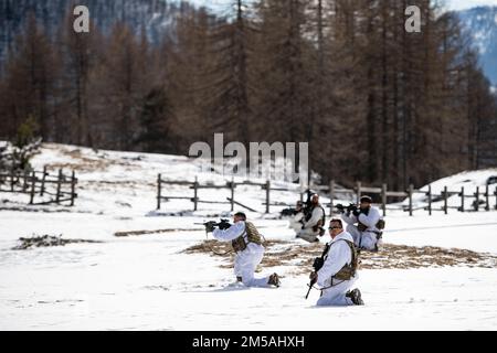 ÉTATS-UNIS Les parachutistes de l'armée affectés au 1st Escadron, 91st Cavalry Regiment (aéroporté) fournissent un feu de couverture comme soldats italiens du 3rd Alpini Regiment se dirigeant vers un objectif lors d'une attaque de peloton intégré. Cette formation fait partie de l’exercice Steel Blizzard à Pian dell’Alpe à Usseaux, en Italie, le 17 février 2022. L'exercice Steel Blizzard est un exercice d'entraînement multinational de guerre de montagne et d'arctique organisé par l'armée italienne. Trois pelotons de reconnaissance de la Brigade aéroportée 173rd participent à un programme d'entraînement en trois phases avec le Régiment Alpini 3rd pour étendre les capacités de force par Banque D'Images