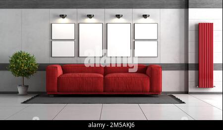 Maquette d'affiche dans une pièce en béton avec canapé rouge et chauffage - rendu 3D Banque D'Images