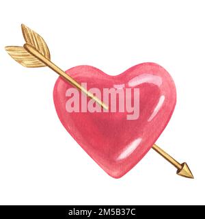 La flèche dorée de Cupid a percé le cœur rose. Illustration aquarelle dessinée à la main isolée sur fond blanc. Bonne Saint Valentin. Banque D'Images