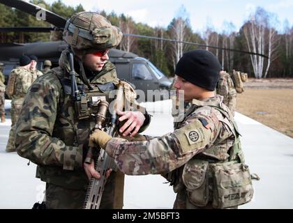 Un parachutiste affecté à la troupe B, 5-73 Cavalry 82nd Airborne Division forme un soldat polonais affecté à la Brigade de tir 21st sur son fusil de marksman désigné par l'équipe lors d'un entraînement combiné le 22 février à Nowa Deba, Pologne. L’événement de formation a permis aux alliés de se connaître les équipements, les capacités et les tactiques de l’autre afin d’améliorer notre état de préparation et de renforcer notre Alliance de l’OTAN. La division Airborne 82nd est actuellement déployée en Pologne pour former et opérer aux côtés de nos alliés polonais. Elle constitue une excellente occasion d'améliorer l'entraînement tactique et d'augmenter notre i Banque D'Images