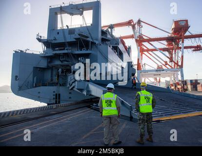 Don Strunk, à gauche, et le lieutenant-colonel Anthony Shiepko, à droite, du Bataillon de soutien militaire sur le terrain de Charleston, se préparent à monter à bord des États-Unis Navire de la marine Red Cloud en préparation pour le téléchargement de l'équipement à bord. Le Red Cloud détient plus de 11 000 pièces de matériel de combat et de soutien au combat, comme l'Armée de terre a prépositionné stock-3. Également connu sous le nom d'APS afloat, le navire améliore le soutien logistique à l'échelle mondiale et soutient les soldats à mesure que les ressources se déplacent dans tout le théâtre opérationnel. Banque D'Images