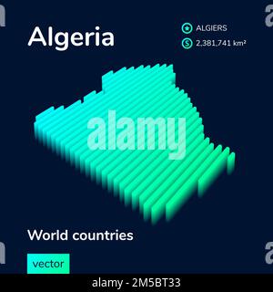 Carte graphique stylisée de l'Algérie à vecteur à rayures isométriques au néon numérique avec effet 3D. La carte de l'Algérie est en vert et menthe sur fond bleu foncé Illustration de Vecteur