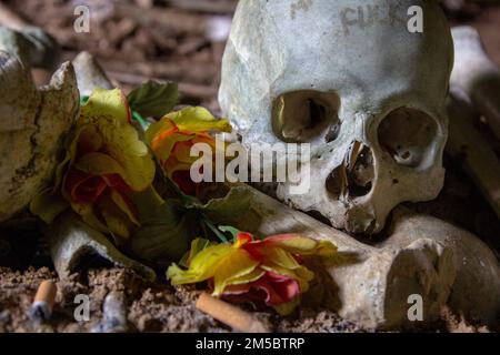 Des squelettes sont éparpillés dans le tombeau traditionnel de la tribu Toraja, Sulawesi du Sud, Indonésie. Banque D'Images