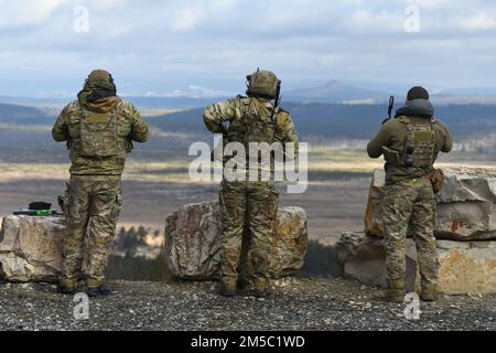 ÉTATS-UNIS Les aviateurs, affectés au 2nd Escadron des opérations de soutien aérien, observent le terrain en contact radio avec les Eurofighters allemands lors de l'entraînement conjoint des contrôleurs d'attaque du terminal dans la zone d'entraînement de Grafenwoehr du Commandement de l'instruction de l'Armée de terre 7th, en Allemagne, le 25 février 2022. Banque D'Images