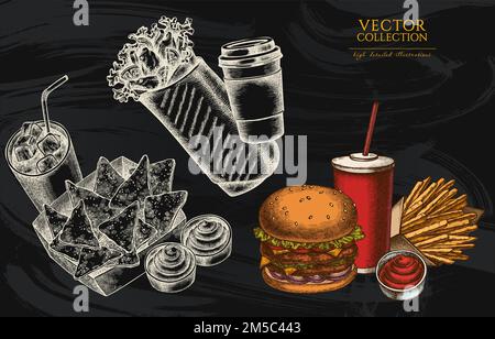 Collection d'illustrations vintage Street Food. Logos dessinés à la main avec sauces, nachos, soda, hamburger, shawarma, frites, gobelet en papier. Illustration de Vecteur
