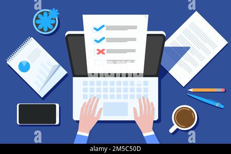 Questionnaire en ligne sur l'illustration vectorielle de l'ordinateur portable, personne travaillant sur l'ordinateur montrant le document papier du questionnaire d'examen, vue du dessus de la table de travail à plat Illustration de Vecteur