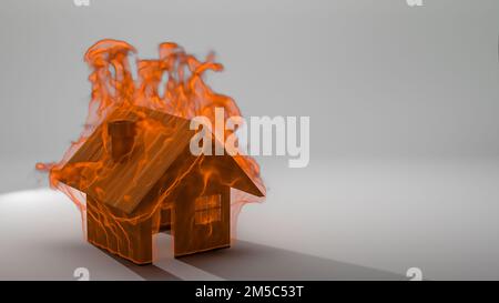 Modèle de maison en bois sur feu 3D illustration, finance et banque sur le concept d'assurance maison, idées d'investissement sur les sociétés immobilières, financier s Banque D'Images