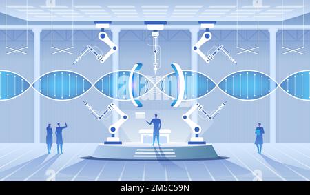 Laboratoire scientifique. Scientifiques homme et femme menant des recherches dans un laboratoire. Molécules d'ADN. Illustration vectorielle Illustration de Vecteur