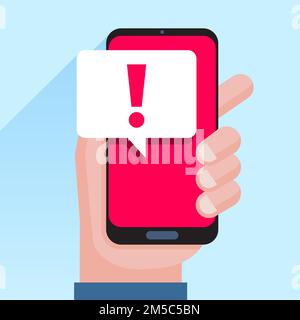 Notifications téléphoniques, nouveaux concepts de message reçu. Smartphone avec bulle vocale et icône en point d'exclamation. Motif plat moderne Illustration de Vecteur