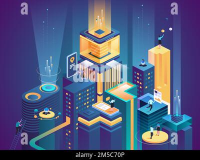 Illustration vectorielle isométrique de la plate-forme commerciale. Hommes d'affaires et femmes d'affaires travaillant avec des ordinateurs portables et graphiques personnages de dessin animé. Ville futuriste, vi Illustration de Vecteur