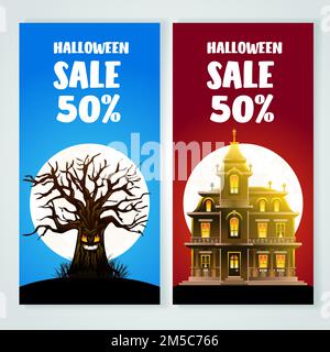 Ensemble de deux bannières publicitaires pour halloween avec arbre de peur et château. Illustration de Vecteur