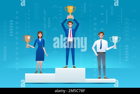 Trois hommes d'affaires debout sur le podium gagnant tenant le trophée gagnant.illustration vectorielle Illustration de Vecteur