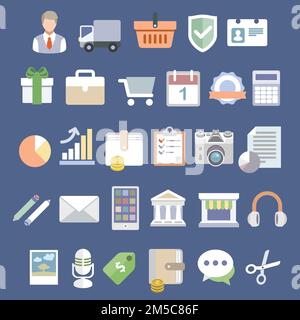 Jeu d'icônes plates. Icônes vectorielles et symboles sur le thème de la gestion ou de l'analyse des affaires et du commerce électronique. Illustration de Vecteur