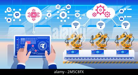 Infographie Smart Industry 4,0. Homme se connectant à une usine en utilisant une tablette et en échangeant des données avec un réseau neuronal. Intelligence artificielle. Vecteur Illustration de Vecteur