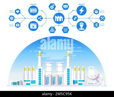 Image de concept de l'industrie 4,0. Instruments industriels en usine avec icônes de système physique et cyber. Réseau Internet des objets. Illustrateur de vecteur Illustration de Vecteur