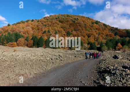 Paysage automnal avec groupe de randonneurs en Sicile, Etna Park, Italie Banque D'Images