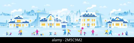 Paysage enneigé avec petite ville. Une foule de personnes minuscules vêtues de vêtements d'hiver ou de vêtements d'extérieur. Rue de la ville avec de belles maisons décorées pour le nouvel an Illustration de Vecteur