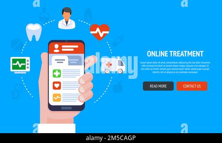 Bannière de site Web de conception de ligne plate de services médicaux en ligne. Illustration vectorielle moderne pour la conception de sites Web, le marketing et l'impression. Illustration de Vecteur