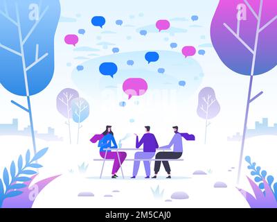 Groupe d'amis relaxant le parc lors d'une belle journée d'hiver. Asseyez-vous sur le banc et amusez-vous. Illustration vectorielle plate Illustration de Vecteur