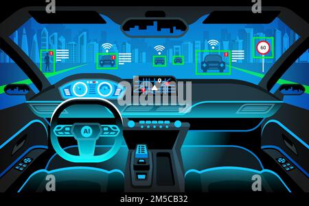 Auto autonome intelligent inerior. Conduite autonome dans un paysage urbain nocturne. L'écran affiche des informations sur le véhicule en mouvement, le GPS, le temps de déplacement, le balayage Illustration de Vecteur