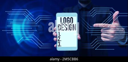 Affiche affichant le logo. Mot écrit sur une représentation graphique ou un symbole du nom de la société ou de la marque Banque D'Images